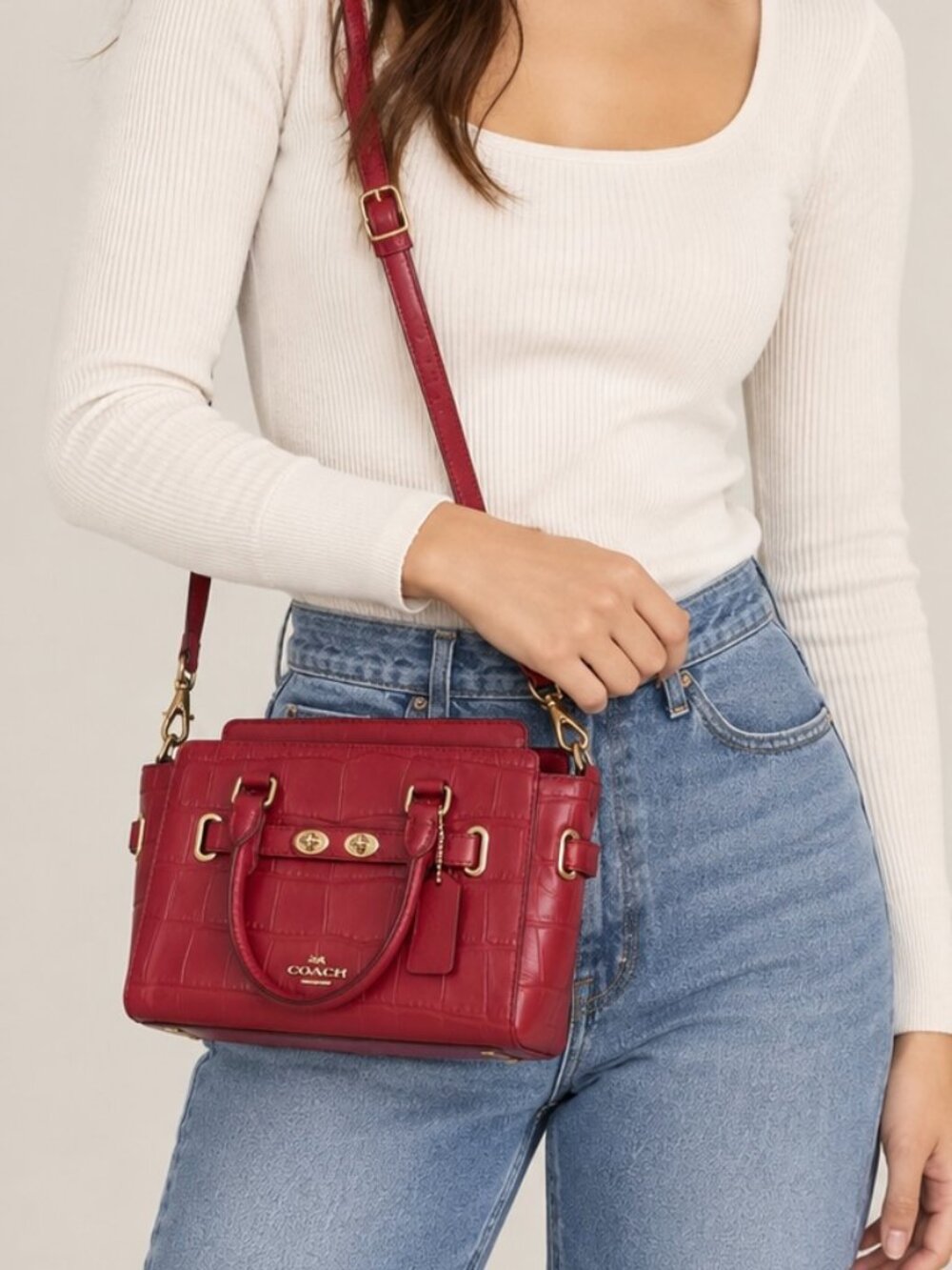 Coach Mini Blake Carryall Croc Embossed Leather Bright Red Satchel Purse Crossbo